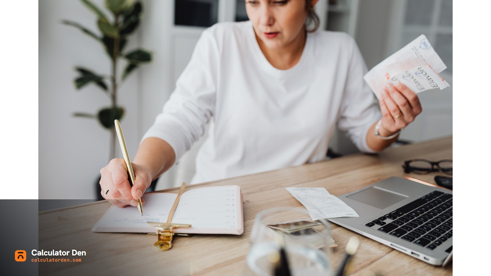 A person planning bills and daily tasks at a desk - Calculator Den
