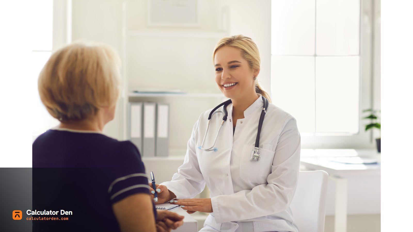 A doctor talking with a patient in a bright clinic - Calculator Den