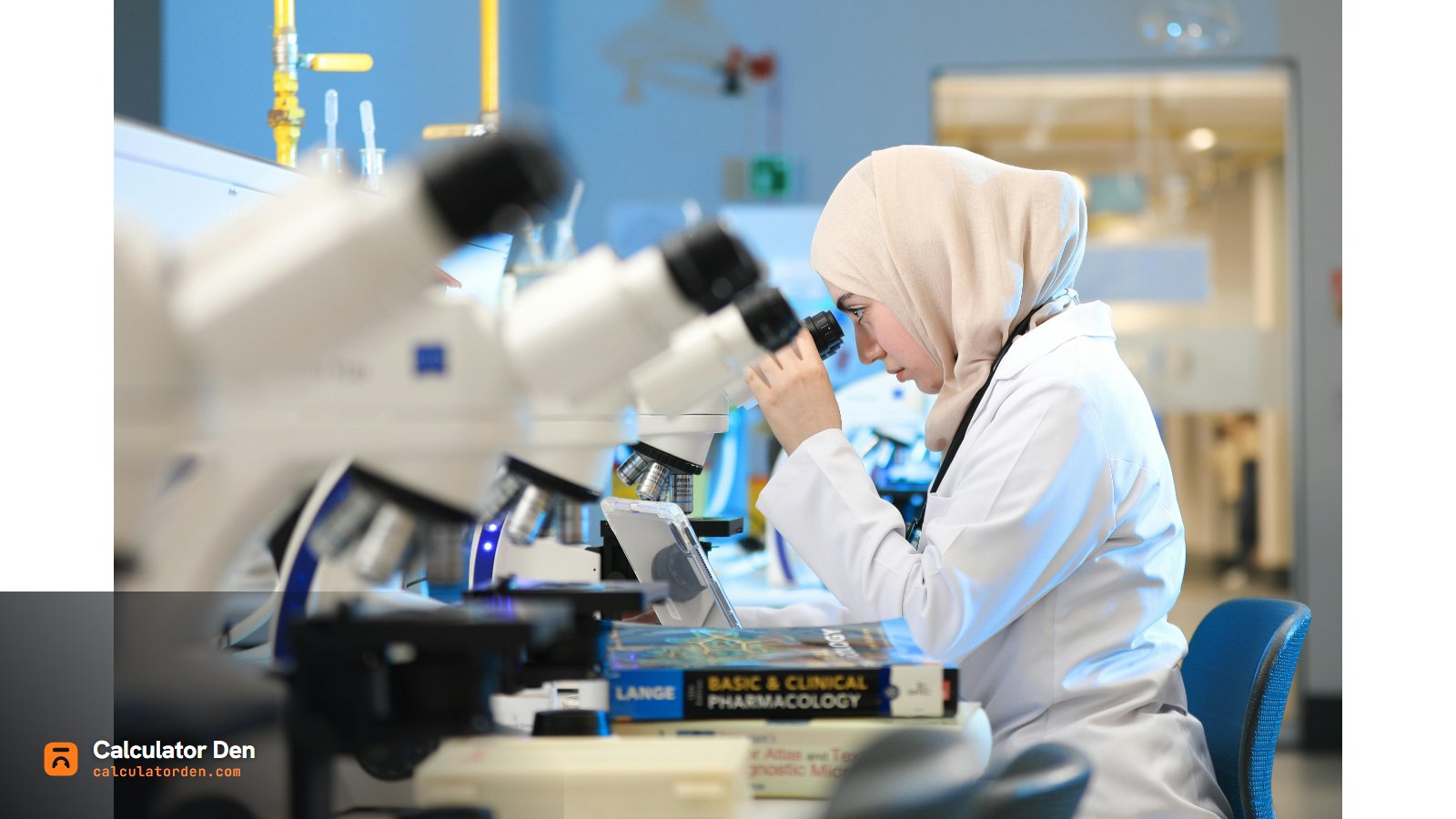 A scientist looking through a microscope in a laboratory - Calculator Den
