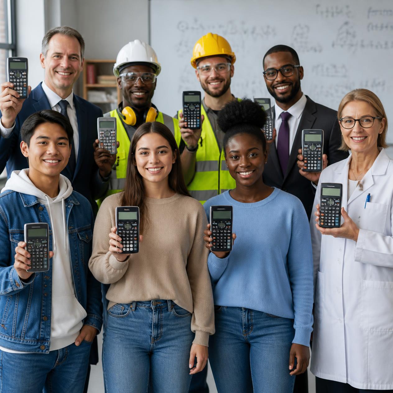 A diverse group of people holding calculators: students, tradespeople, professionals and a scientist